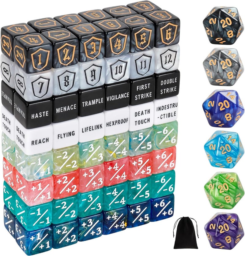 MDDSHGG 102 Pieces MTG Dice Counters Set Bulk Ability Keyword Tokens Shield Life Counters 6 Sided Dice for Magic The Gathering TCG Card Gaming Accessories (Dice Set B) - Image 1